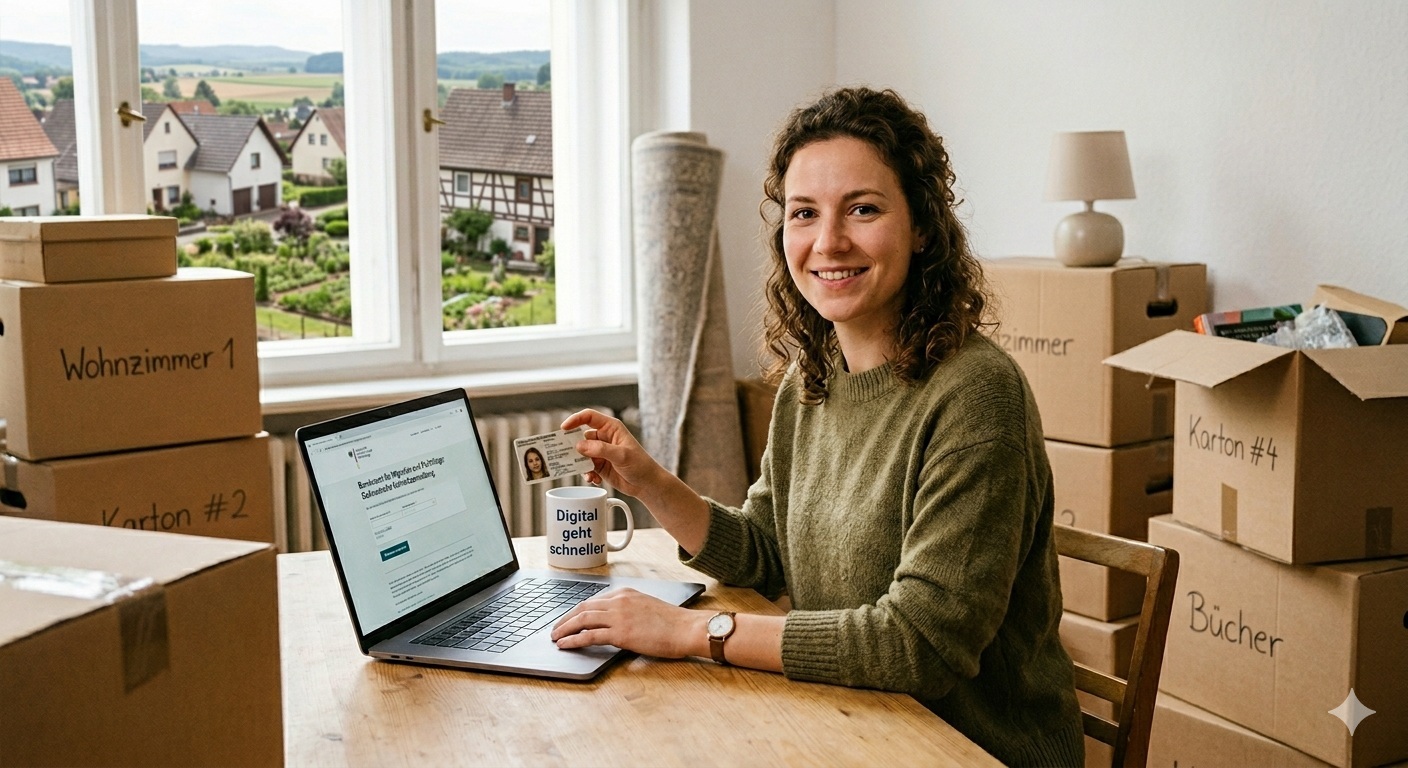 Frau sitzt am Laptop und hat ihren Ausweis in der Hand. Hinter ihr stehen Umzugskartons.