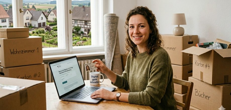Frau sitzt am Laptop und hat ihren Ausweis in der Hand. Hinter ihr stehen Umzugskartons.