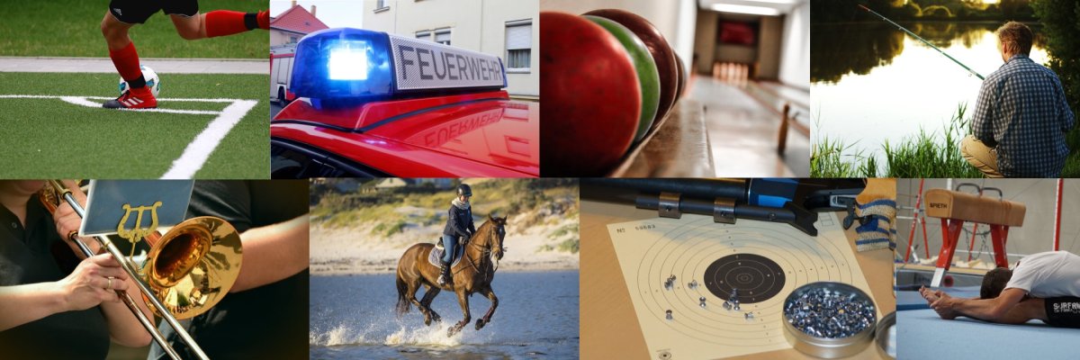 Titelbild Vereine Bildercollage von Fußballplatz, Feuerwehr, Bowlen, Angeln, Turnen, Reiten, Luftgewehr und Zielscheibe, sowie einer Trompete